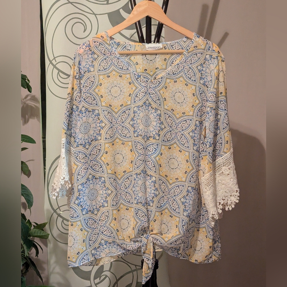 Westport yellow/blue/rose boho blouse -size  2X